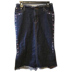 Vintage Y2K Gioven Kelvin Denim Flower Embroidered Midi Skirt Raw Hem Fairy 30"